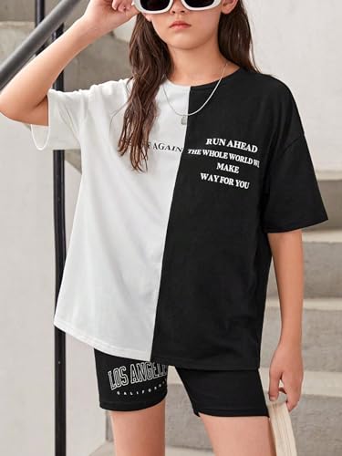 OYOANGLE Girl's Graphic Print Colorblock Half Sleeve Round Neck Shirt Tops Summer Casual Loose Tee Shirts4