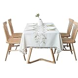 Falda de Mesa de Tela de Poliéster con Borlas y Diseño Bordado, Sencilla y Refrescante, para Mesa de Comedor y Mesa de Té(140x220cm/55.1x86.6in)
