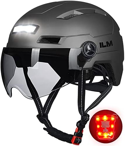 ILM Fahrradhelm Damen Herren mit Visier und LED-Licht E3-10L | Unisex, ASTM/CPSC/EN1078, abnehmbares getöntes Visier, USB-LED-Licht, 10 Belüftungen