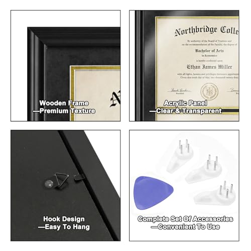Amoyttn Double 8.5x11 Diploma Frame: Black Graduation Degree Certificate Frame, Wood Holder Fit for Picture or College License or Photo by Amoyttn - Image 4