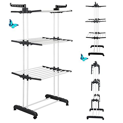 Tendedero de Ropa Plegable Vertical,Tendedero de Ropa Tipo Torre de Tres Estante Plegable con Cuatro Ruedas, Espacio de Secado, con Capacidad para 15 KG ((75-126)*64*170cm (Gris y Plata)) Cover