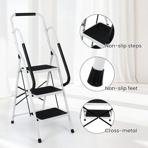 FAHKNS 3 Step Ladder with Handrails, Sturdy Steel Step Ladder 3 Step Folding, Portable Folding Step Stool with Safety Lock, 330LBS Capacity Ladders for Home Library Garage Office, White by FAHKNS - Used condition - Image 6
