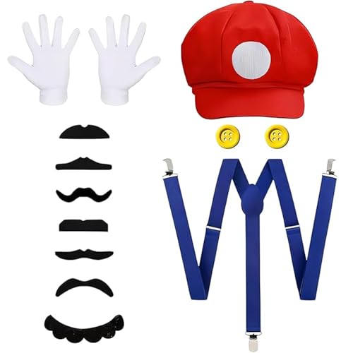 DvBCNMe Super Bros Kostüm Erwachsene Super Bros Kostüm für Karneval und Halloween Zubehör mit Roter Mütze 7 Falsche Bärte 1 Paar Handschuhe 2 Gelbe Knöpfe 1 Hosenträger