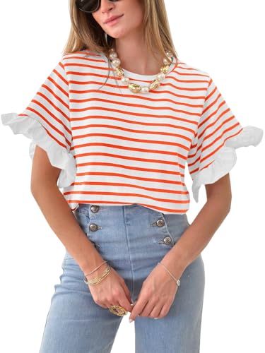 Tankaneo Women Striped Tops Ruffle Sleeve Casual Basic T Shirts Crewneck Short Sleeve Shirt Summer Outfits