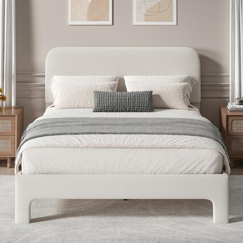 wanan Queen Size Bed Frame, Upholstered Bed Frame Queen with Rounded Corners, Adjustable Bed Frame in Modern Style, Heavy Duty Mattress Foundation, Noise-Free, Easy Assembly, Cream