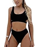Blooming Jelly Women's High Waisted Swimsuit Crop Top Cut Out Two Piece Cheeky High Rise Bathing Suit Bikini (Large, Black, l)