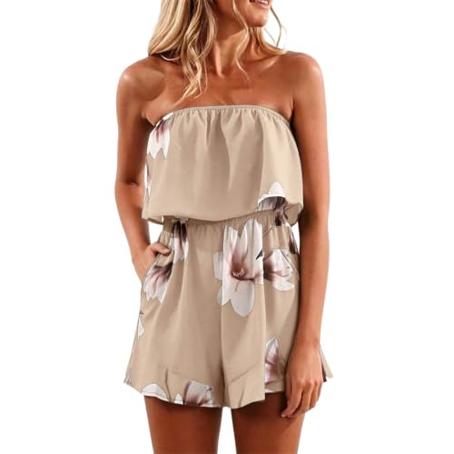 Image of Ladies All In One Summer Boho Jumpsuits Elegant Dressy Puff Sleeve Plus Size Romper Off Shoulder Smocked Layered Flowy A Line Mini Beach Swing Dress burgundy gold pink orange Floral Sundress xxl xxxl