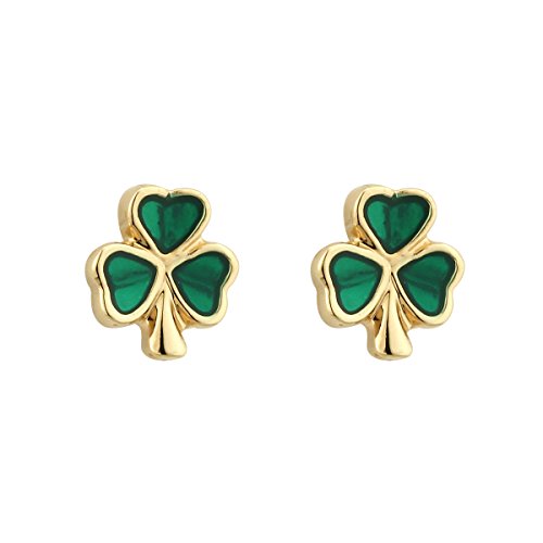 Tara Shamrock Earrings Gold Plated Studs & Green Enamel Made in Ireland