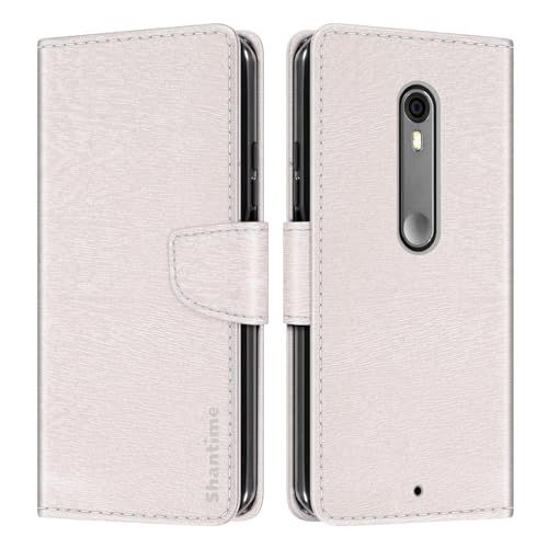 Shantime Leather Wallet Case Compatible with Moto X Pure, Colorful Flip Cover with Card Holders Magnetic Closure Full Protection Shell(White)
