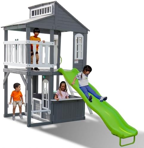 Sportspower Blakely 2-Story Cedar Wooden Playhouse with 8ft Slide, Working Door, Play Kitchen, Mailbox & Doorbell — Elevated Backyard Playhouse for Kids Ages 3–10, Scandinavian Spruce (Gray)