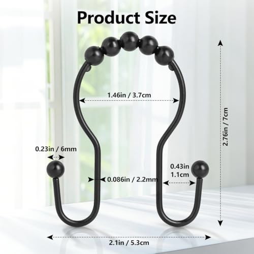 Resze Shower Curtain Hooks, Sturdy Metal Black Shower Curtain Rings, Glide Roller Double Shower Hooks, Rust Proof Anti-Drop Curtain Hooks, 12 Pcs Smooth Sliding Rings for Bathroom Shower Rods Curtains