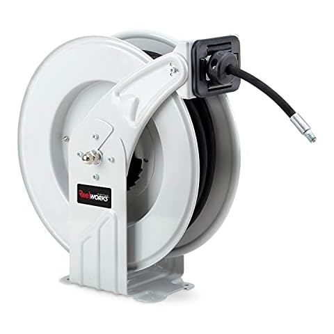 REELWORKS Grease-Hose-Reel Retractable 1/4" Inch x 50' Feet ELITE Long Premium Commercial SAE.100R2AT Hose MAX 5800 PSI Spring Driven Steel Construction Heavy Duty Industrial Dual Arm & Pedestal Cover