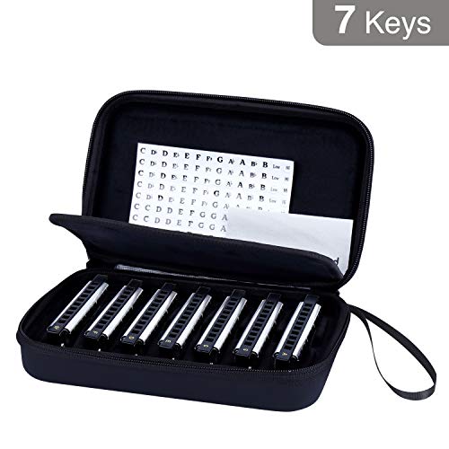 Focusound Thunder Harmonicas for Beginner Harmonica Set 7 Keys of C, D, E, F, G, A & Bb with Protective Case, Quick Start Harmonica Guide, harmonica stickers and Cleaning Cloth