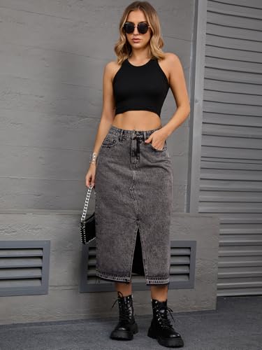 Women's Denim Skirt High Waist Front Slit Raw Trim Hem Pencil Skirt with Pockets Midi Jean Skirts3