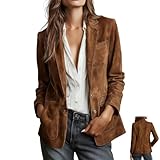 Women's Retro Faux Suede Leather Blazer Jacket Notched Collar Suede Jacket Women Fall Winter Business Work Clothes (Dark Brown,S)