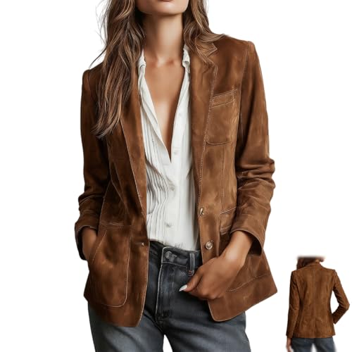 Image of Women's Retro Faux Suede Leather Blazer Jacket Notched Collar Suede Jacket Women Fall Winter Business Work Clothes (Dark Brown,M)