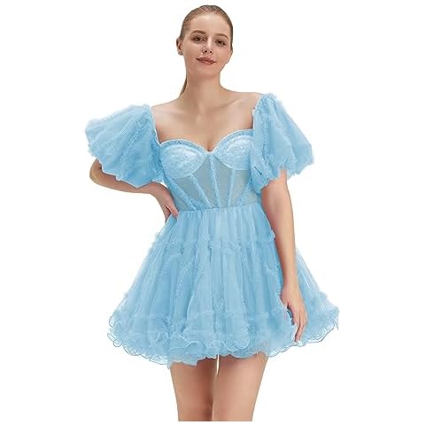 Fokissy Puffy Tulle Homecoming Dresses Off Shoulder Short Prom Dress Ruffle Formal Party Dress Gown Sky Blue Size 4 Cover