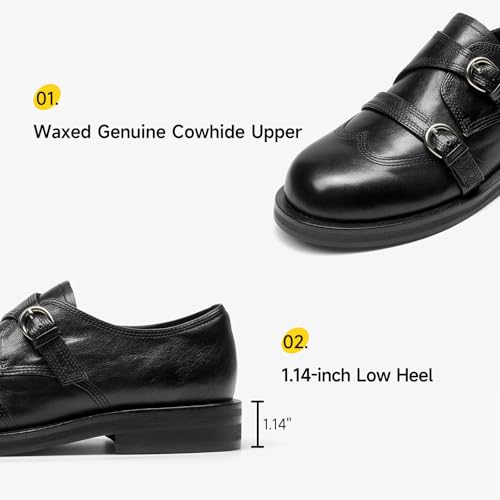 Image of BEAU TODAY Women's Leather Loafers, Wingtip Brogue Monk Strap Shoes | Genuine Leather, Round Toe, Low Heel, Metal Buckle, Non-Slip, Comfortable Business Casual Flats for Work and School