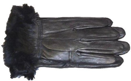 Black Leather Polyester Thinsulate Lined Gloves with Rabbit Fur Size Medium