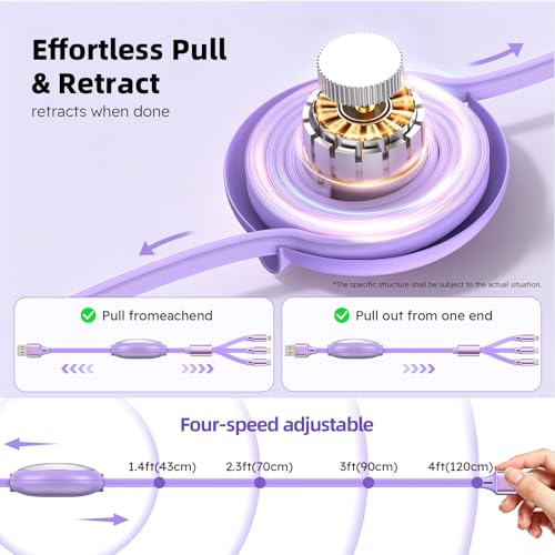 Multi Charging Cable, 3 in 1 Retractable Multiple Charger Cord, Retractable Car Charger Cable with Type C/L/Micro USB Ports for Cell Phones/IP/Galaxy/PS/Tablets/Pads, Car Accessories for Women — view 2