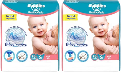 Image of Amazon Brand - Supples Premium Baby Diaper Pants | 78 Baby Diapers | Small | 4-8 Kg | 12 Hrs Absorption | Cushiony Cotton Soft Fabric | Phthalates-Free | Triple Leak Guard (Pack of 2)