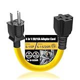 [4 in 1] 15 Amp to 20 Amp Plug Adapter Heavy Duty Extender T Blade Cable 5-15P to 5-15/20R, 5-15P to 6-15/20R AC Power Household Converter, 15A 125V to 20A 250V USA 3Pin Male UL CUL Listed 1FT