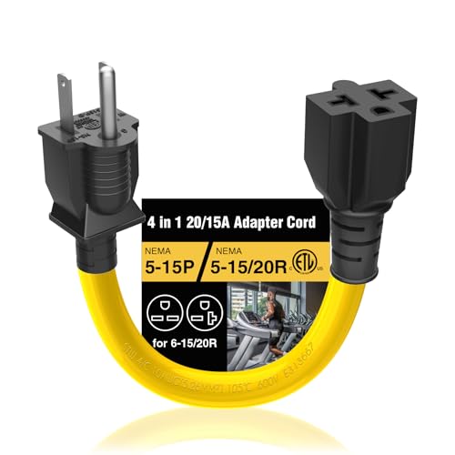 [4 in 1] 15 Amp to 20 Amp Plug Adapter Heavy Duty Extender T Blade Cable 5-15P to 5-15/20R, 5-15P to 6-15/20R AC Power Household Converter, 15A 125V to 20A 250V USA 3Pin Male UL CUL Listed 1FT