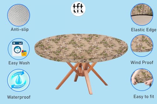 Image of The Furnishing Tree Round Elastic Fitted Dining Table Cover WxL 40x40 Inches Floral Pattern Beige