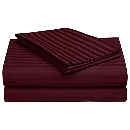 Image of YKC Glace Cotton Satin Striped Plain Color King Size Bedsheet for Double Bed with Two Pillow Covers (Wine - 90 x 100 Inch)