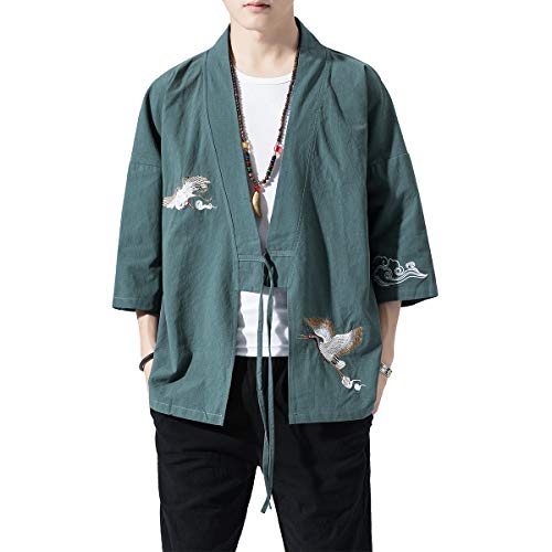 Image of PRIJOUHE Men's Kimono Jackets Cardigan Lightweight Casual Cotton Blends Linen Seven Sleeves Open Front Coat Outwear