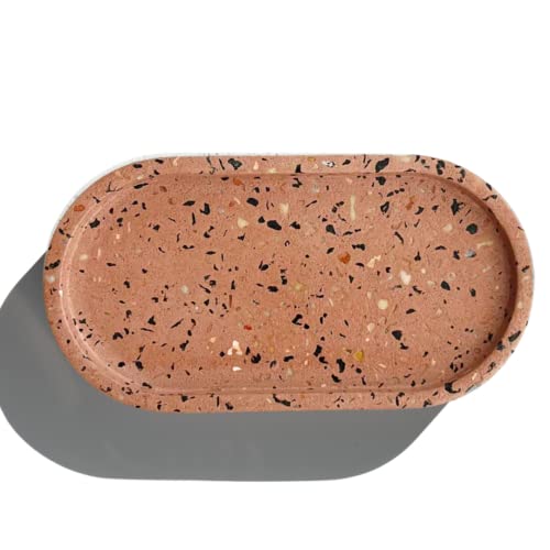 Janet Gwen Terrazzo Concrete Oval Tray (Pink Terrazzo) | 3.75" x 7" x 0.5" Pink Tray Bathroom Trays for Counter Pink Bathroom Decor Small Trays Decorative, Indoor