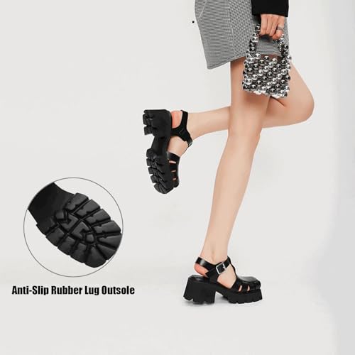 Women's Leather Braided Chunky Heel Caged Sandals With Adjustable Buckle Vintage Closed Square Toe Platform Lug Sole Backless Gladiator Y2K Sandals For Summer Party Work Causal Walking4