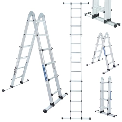 WORHAN Escalera Telescópica Extensible Aluminio 410cm con Estabilizador Escalera de Tijera Robusta Versátil Plegable LG4
