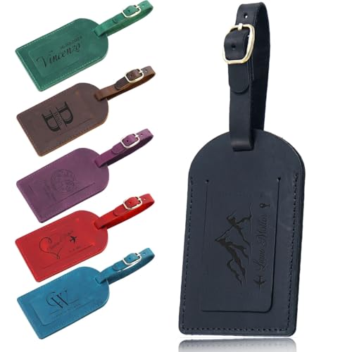 Etiqueta Identificativa Personalizada Para Equipaje De Cuero Auténtico, Etiqueta Para Maleta Con Nombre Grabado A Medida,Etiquetas De Cuero Para Equipaje De Mano,Regalo Para Hombres Y Mujeres(Black)