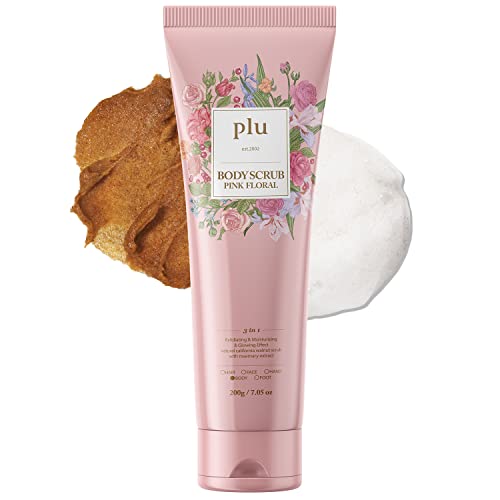 PLU Korean Walnut Body Scrub Pink Floral with Manuka Honey - Exfoliating, Hydrating & Smoothing for Radiant Skin Texture - Fresh & Elegance Rose Scent, 7.05 oz.