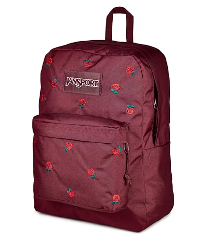 Image of JanSport Superbreak Plus FX Backpack - Work, Travel, or Laptop Bag with Water Bottle Pocket, Superbreak Plus Fx, Just A Rose Emb Cherry Lacquer /Grn /Red