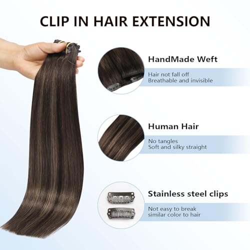 Image of COOKAYU Clip in Hair Extensions Real Human Hair, Balayage Dark Brown to Medium Brown 2 /6 /2 Remy Human Hair Clip in Extensions, Natural Human Hair Extensions Clip ins, 20inch 120g 7Pcs