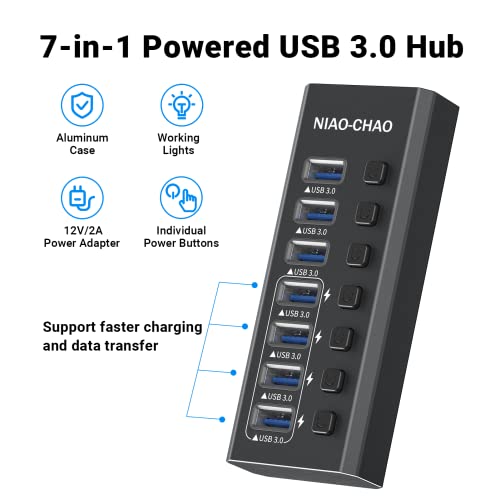USB-Hub-30-Powered-NIAO-CHAO-7-Port-Powered-USB-C-Hub-with-Individual-Switches-12V-Power-Adapter-39-Long-Cable-USB-Expander-Hub-Splitter-for-MacBook-Air-ProMac-MiniiMac-All-Laptops-Desktops