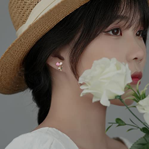 Flower Earrings Stud, Mariafashion 925 Sterling Silver Pink Tulip Daisy Flower Earrings Cute Earrings Hypoallergenic Jewelry Gift For Women Girls Teens Birthday Christmas Anniversary #TOP2