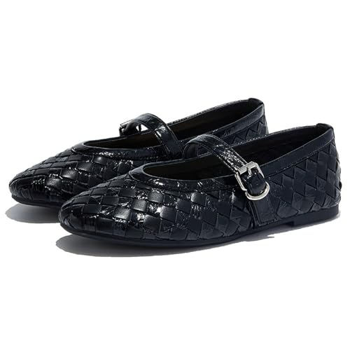 Women's Leather Woven Mary Jane Flats Shoes Comfortable Round Toe with Adjustable Buckle Strap Elegance Ballerina Shoes for Commuting Walking Party