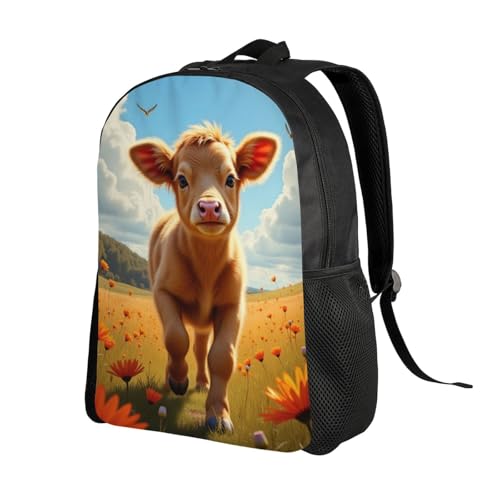 Comfort Fit Unisex Cute Brown Calf Running Through Field of Orange Flowers Backpack Durable Commute Travel Adventures 16 in2