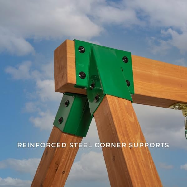 Close-up of the reinforced steel corner supports on the swing set