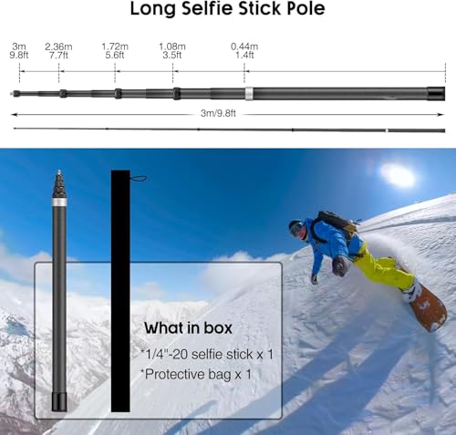 Image of Invisible Carbon Fiber Selfie Stick 9.8ft for Insta 360, GoPro & DJI Osmo | 3 Meter Extra Long Extendable Action Camera Stick | Lightweight Tripod Mount Pole for Vlogging, & Travel