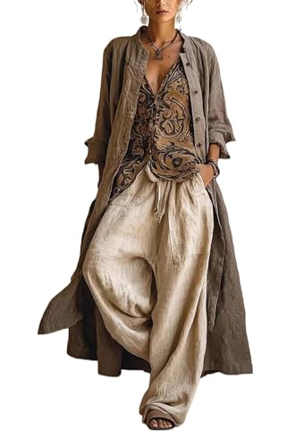 Meileafal Women's 3-Piece Outfit - Long Open Cardigan Printed V-Neck