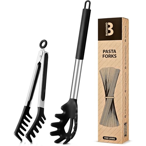 Spaghetti-Löffel & Nudelzange aus Silikon, antihaftbeschichteter Edelstahlgriff, Nudelgabel-Set mit Zähnen, Lebensmittelclip zum einfachen Servieren von Nudeln (Schwarz)