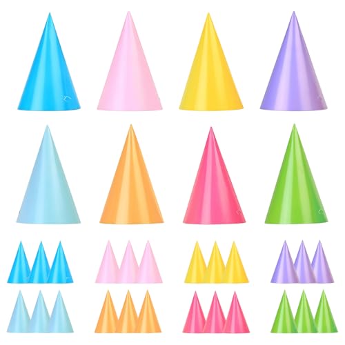 AHEZQILU Chapeau Anniversaire lot de 32 Chapeaux Anniversaire colorés Enfants Adultes Décoration Anniversaire fête 8 Couleurs Chapeau en Papier avec Élastique taille 16x10,5 cm pour Anniversaire