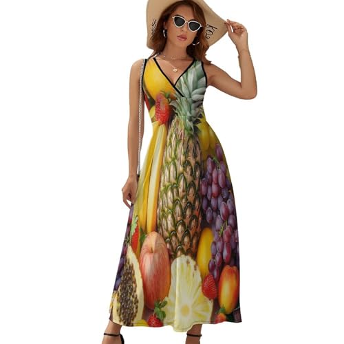 Robe de soirée party plage imprimé fruits tropicaux col en V style boho dress