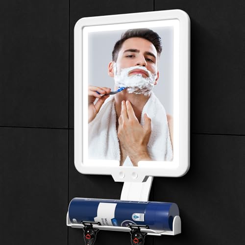 Suupvaor Großer beschlagfreier Duschspiegel mit Licht, Wiederaufladbare 3 Farben Dimmen Licht Nebel frei Spiegel für Dusche