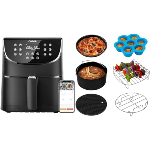 COSORI Smart, Freidora sin aceite con WiFi, 5.5 L, XXL + Accesorios para Freidora sin aire 5.5L, Molde respostería, Bandeja para pizza, Soporte, Rejilla Multiusos, Estera de silicona, Molde de huevos