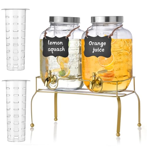1 Gallon Glass Drink Dispenser Set of 2 â€“ Drink Dispensers for Parties, Beverage Dispenser with Stand & 100% Leakproof Stainless Steel Spigot, Beverage Dispenser for Lemonade, Juice, Sangria, Iced Tea